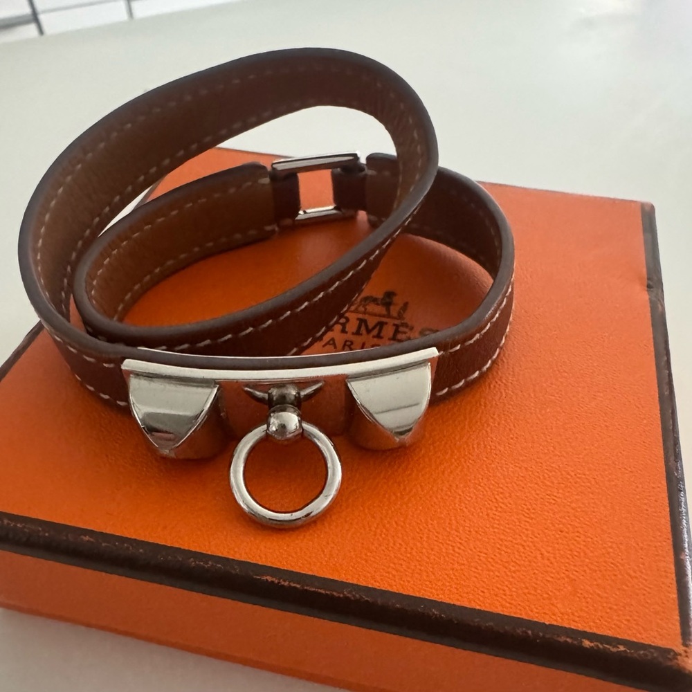 Hermes Brown Rivale Double Tour Silver Leather Bracelet